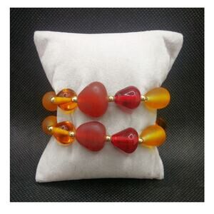 Napier Double Strand Glass Beaded Bracelet Vintage 80s Deep Red Honey Gold Tone